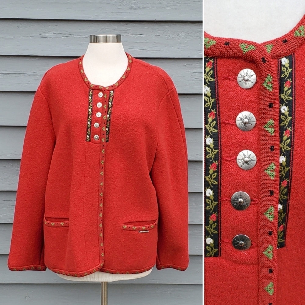 Vintage 80s Red Boiled Wool Fair Isle lcelandic Ski Apres Nordic Trachten Coat L